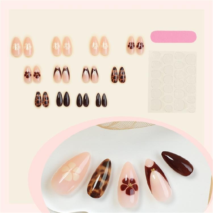 24pcs Women's French Tip Press On Nail Almond Shape False Nail with Leopard Flower Designs Gold Beads Stick On Nail Gift