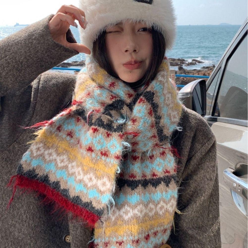Wool Jacquard Knitted Scarf Printed Winter Wool Neckerchief Sweet Fair Isle Style Scarf  Autumn