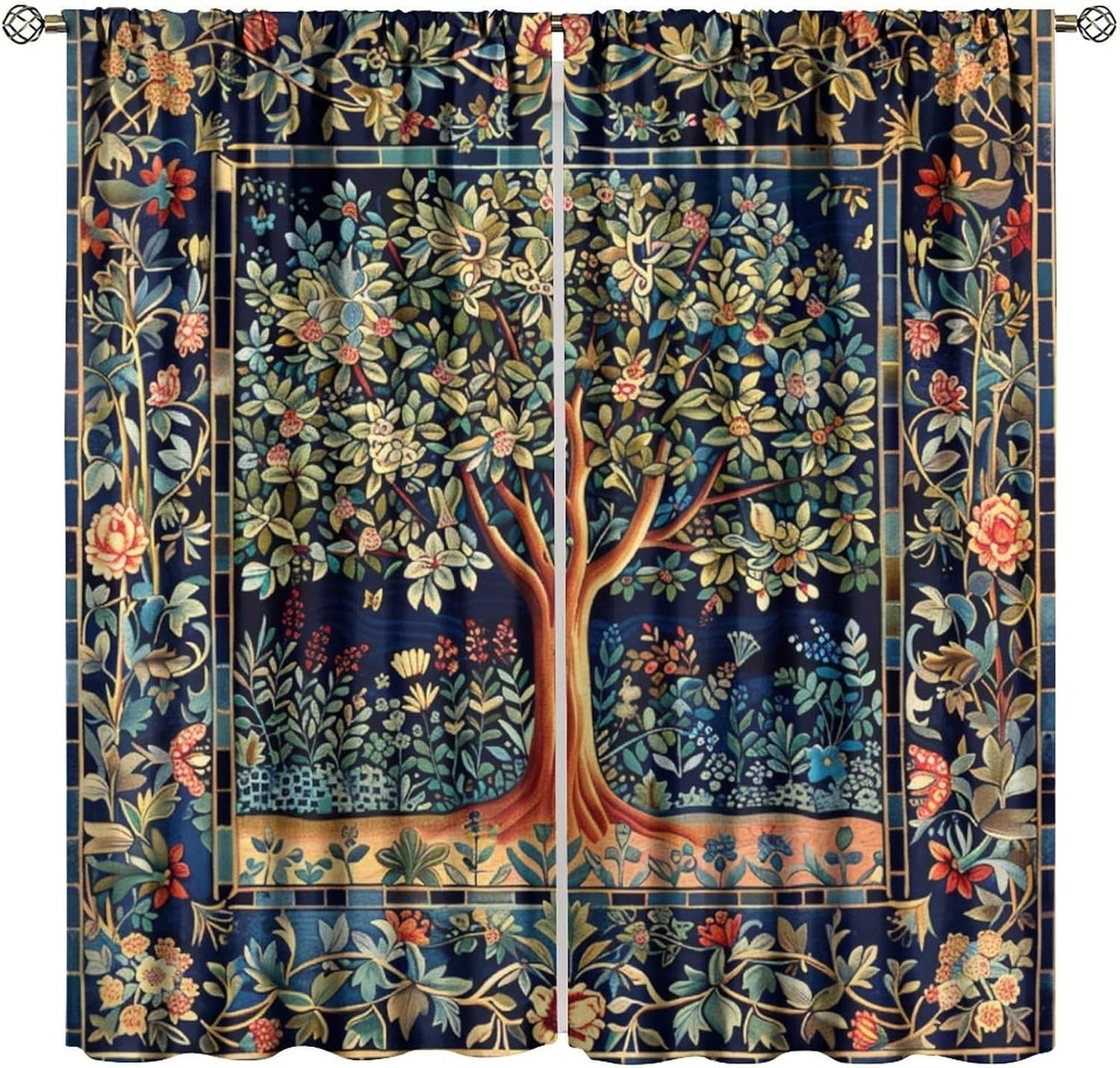 William Morris Flower Blackout Curtains, Rustic Colorful Forest Tree of Life Floral Window Drapes, for Bedroom Living Room 42 W 60×150cm