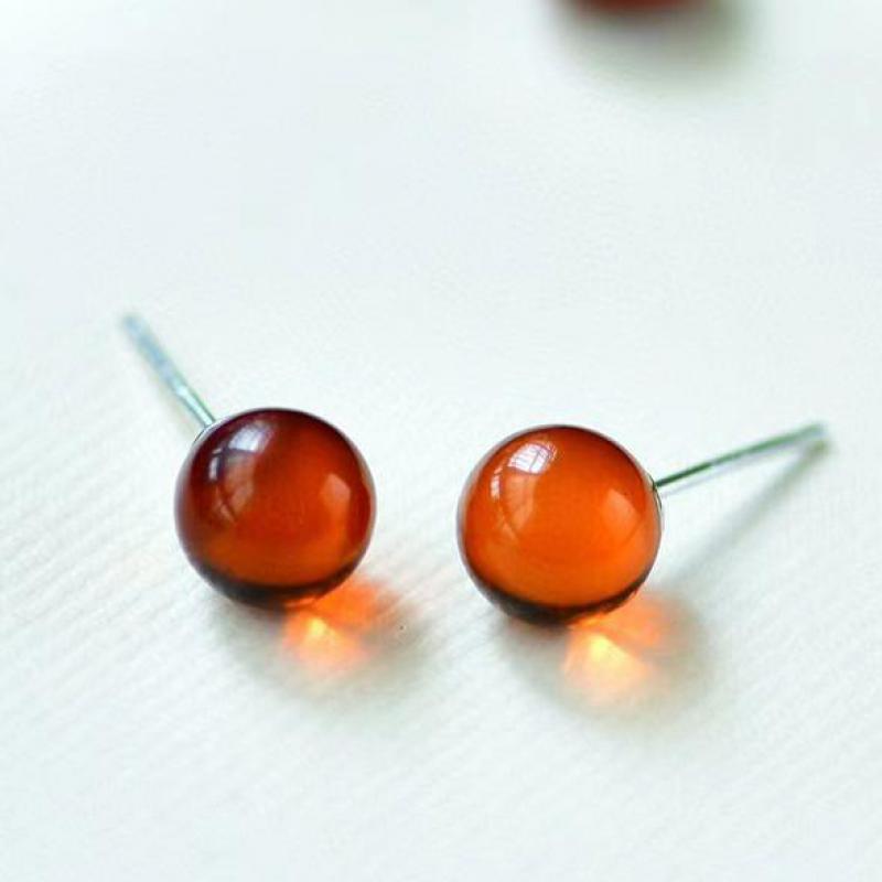 Natürliche Bernstein-Kugelohrringe Damen Heilstein Feinschmuck 100% Echter Baltischer Rotblut-Bernstein Runde Perlenohrringe Ohrstecker red