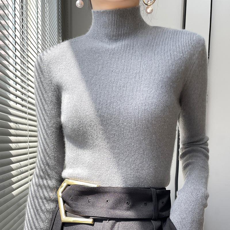 Korean Style Slim Fit Ribbed Knit Sweater - Women's Long Sleeve Half High Collar