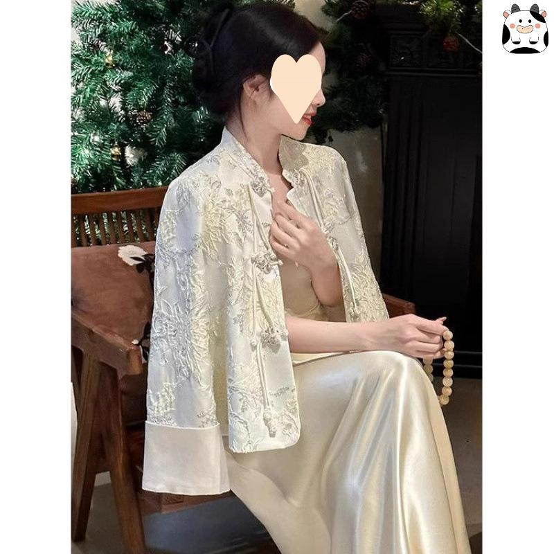 Plus Size Women's Luxury Tang Suit: Satin Frog Button Jacket & Skirt Set
