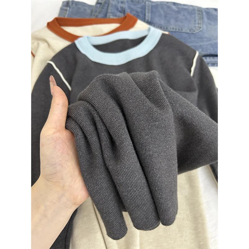 2025 spring niche contrasting color round neck inner top feminine temperament slim-fitting versatile soft waxy knitted sweater bottoming shirt