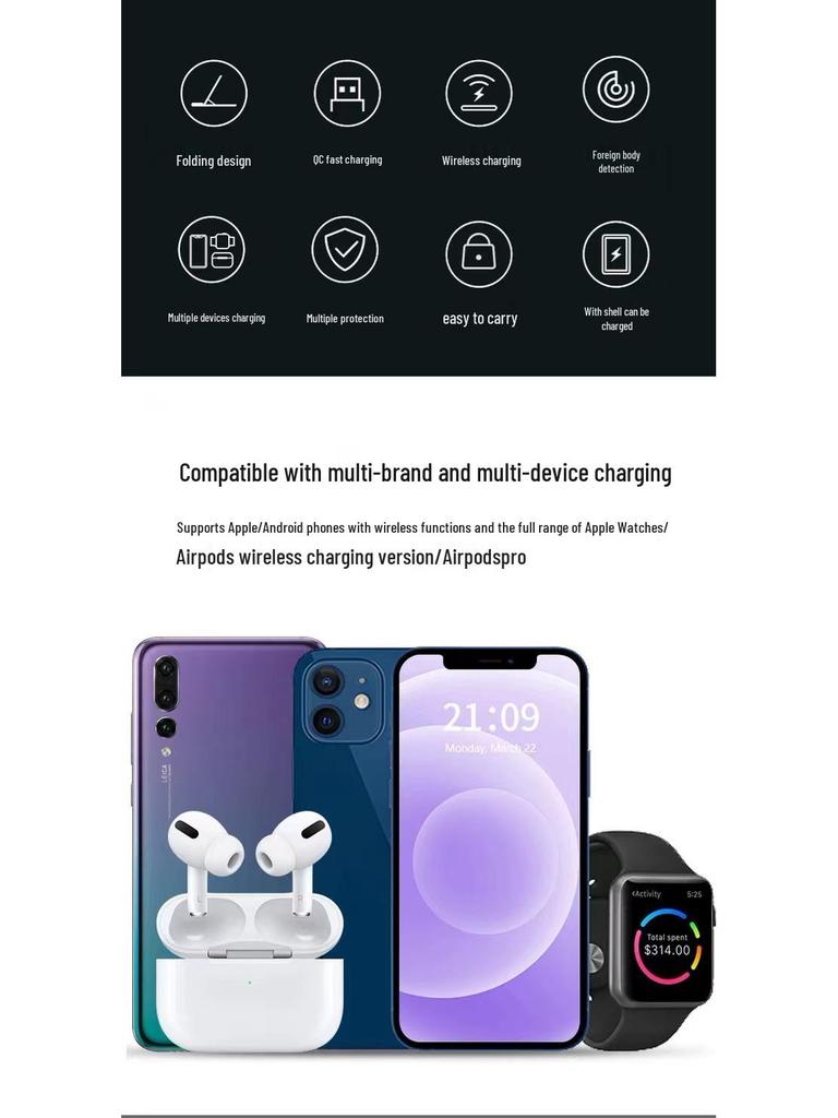 Foldable 15W Magnetic 3-in-1 Wireless Charger Stand for Apple Devices