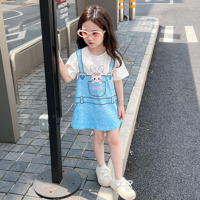 Girls Summer Korean Princess Dress with Fake Layered Suspender Design