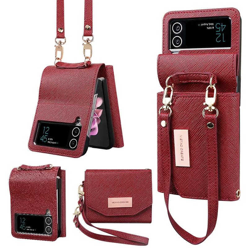 Lanyard Wallet Leather Cards Solt Case For Samsung Galaxy Z Flip 6 5 4 Flip4 5G Purse Bag Hand Strap Skin Feeling Back Cover