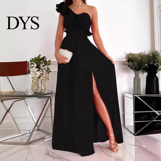 Lady Long Dress Evening One Shoulder Sleeveless Split Hem Solid Color Ruffle Pleated Ball Gown Off Prom Cocktail Party Maxi Women