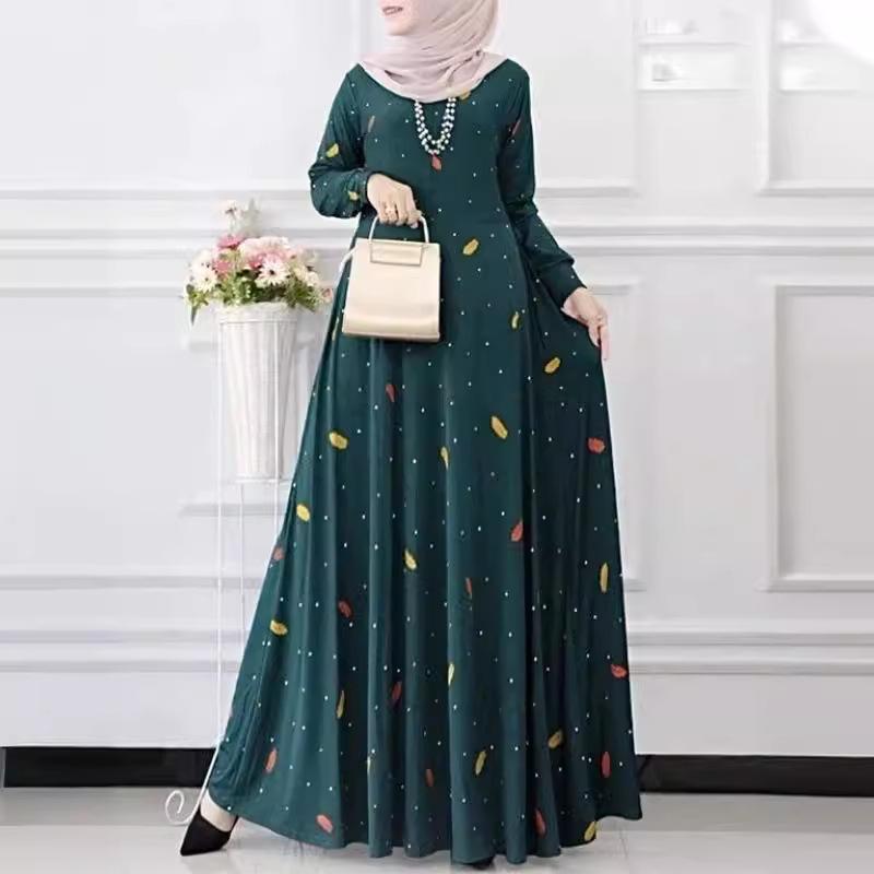 2025 Muslimisches Damen Polka Dot Print Langarm Swing Kleid