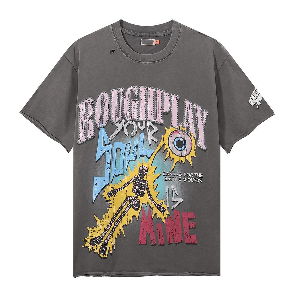 Luminous Skull Print Hot Stamping, Water Washing, Hole Breaking, Making Old Short Sleeved T-shirt for Men and Women