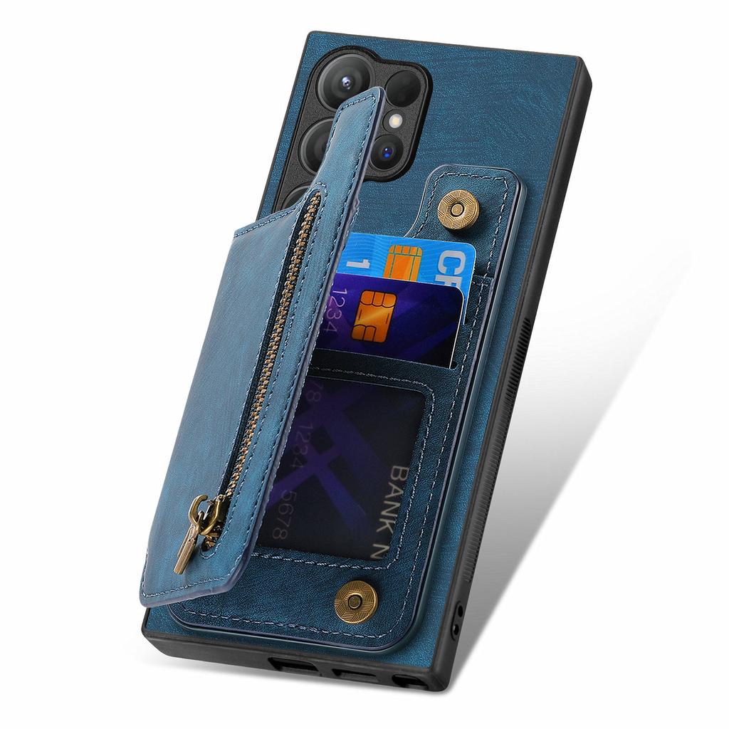 D15 For Samsung Galaxy S24 Ultra Case Card Slot Leather+TPU Zipper Kickstand Retro Phone Cover