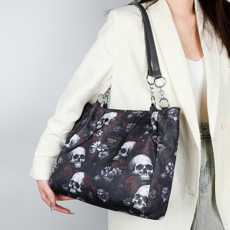 Vintage Gothic Waterproof Oxford Shoulder Bag Aesthetic Skull Print Purses Women Handbag Large Capacity Messenger Totes MIT
