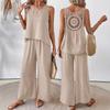 Women's 2 Pcs Sets Casual Loose Back Hollow Out Sleeveless Blouse Shirts&High Waist Wide Leg Pant Suits
