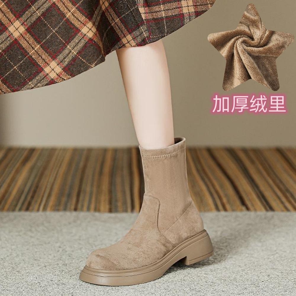 Short Boots for Women In Autumn and Winter New Retro Round Toe Thick Heel Short Knight Boots Suede Versatile Thin Boots Women's Shoes