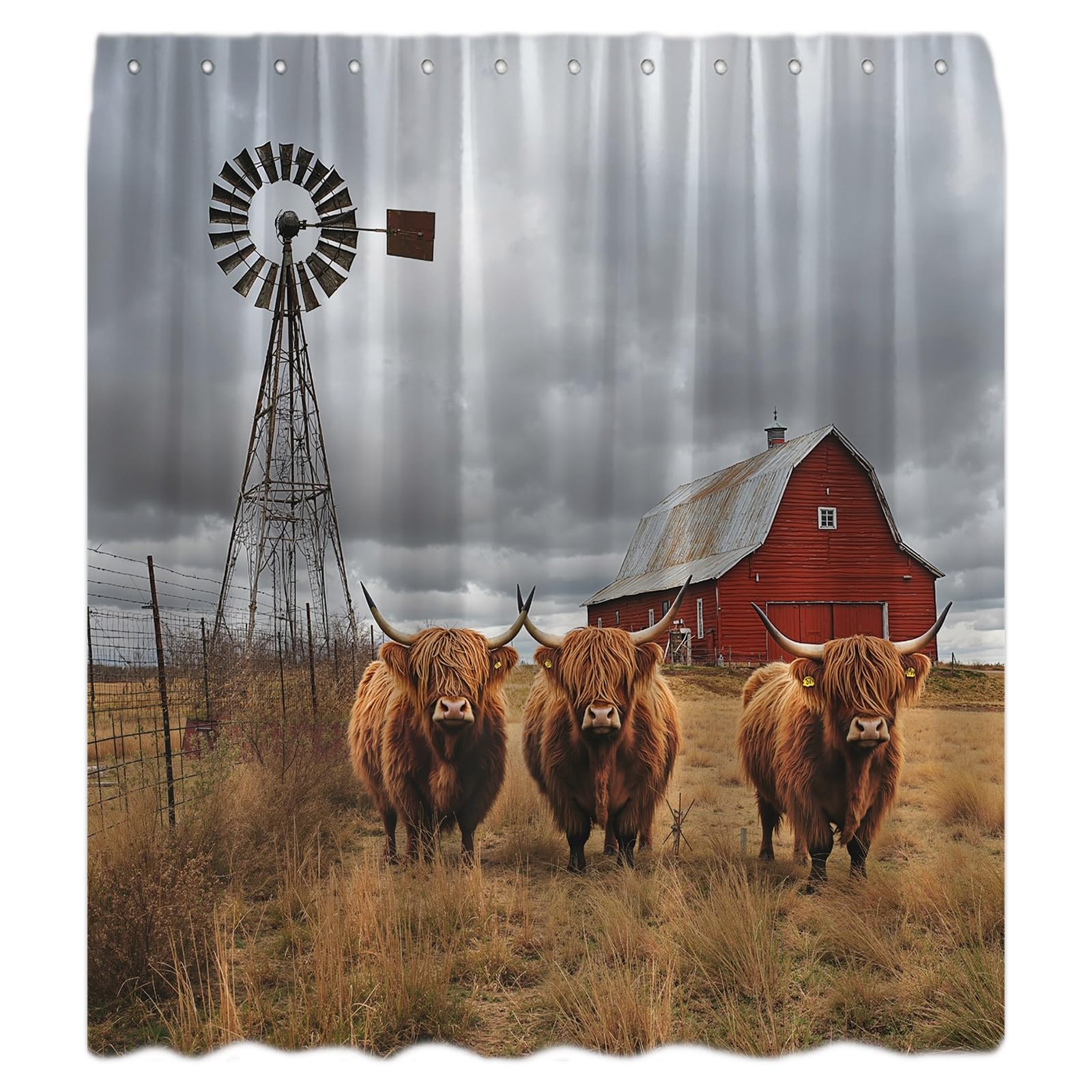 

Farmhouse Highland Cow Shower Curtain, Rustic Animals Cattle Bull Western Red Barn Door Windmill Cabin Country Bathroom Decor W60H190(CM)-1 Pcs