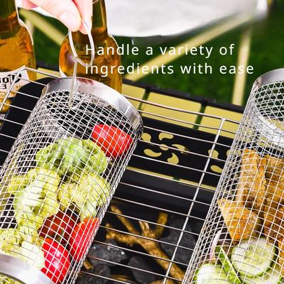 BBQ Cage Rolling New Type Stainless Steel Round Rolling Grill Basket Outdoor Portable Grill Basket Barbecue Rack Stainless Steel