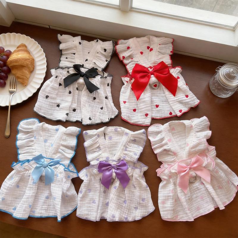 Heart Print Pet Dress with Bow, Breathable Cotton Dog Cat Clothes, Adjustable Pet Outfit with D-ring