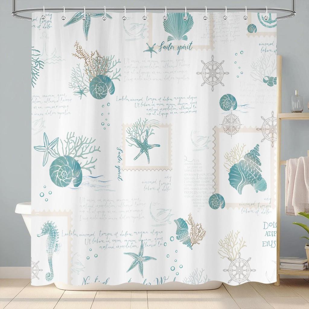 Coastal Beach Seahorse Starfish Shower Curtain, Ocean Themed Scallop Nautical Beach Scene Seashell Shower Curtains for Bathroom