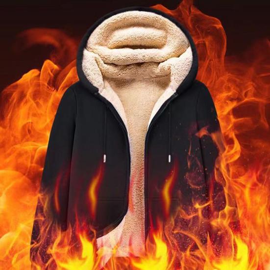 Men Hoodie Coat Solid Color Hooded Thicken Plush Winter Jacket for Daily Wear