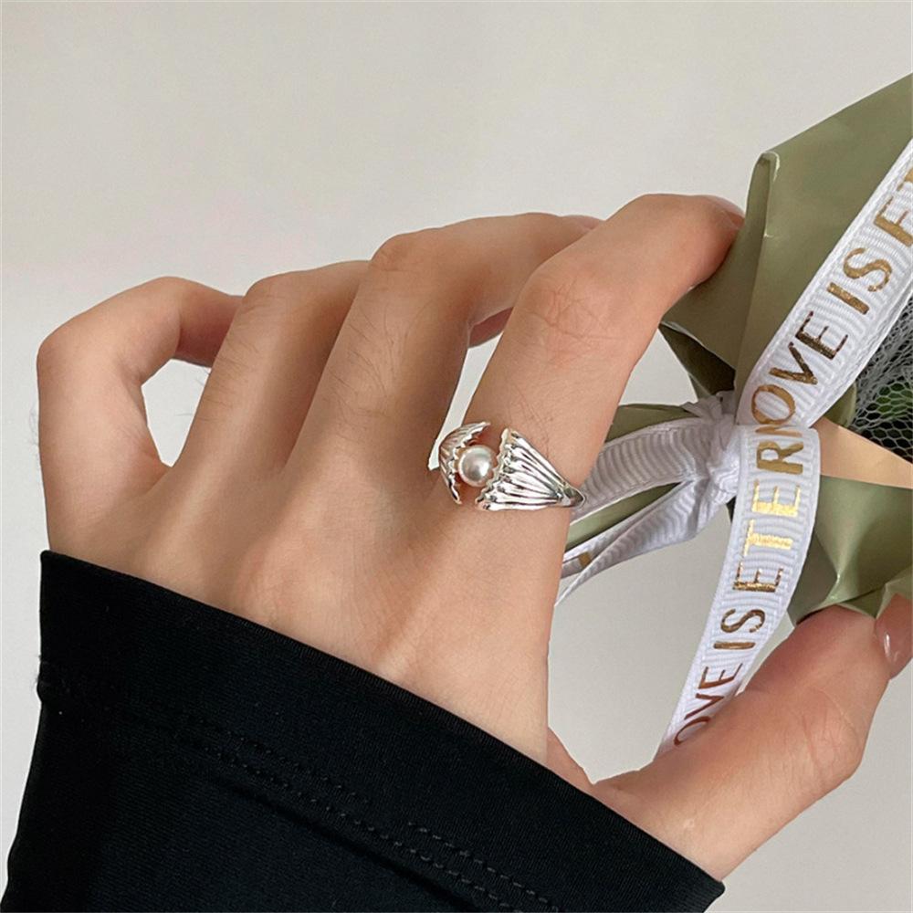 

Fairy clam shell with beads sterling silver ring, personalized suction, Japanese and Korean ring ins style jewelry