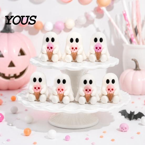 Skull Ice Cream Decor Halloween Mini Ghost Decorative Figurine, 3D Printed White Statue with Small Gothic Home Accents Pink Cream, Cute Desktop