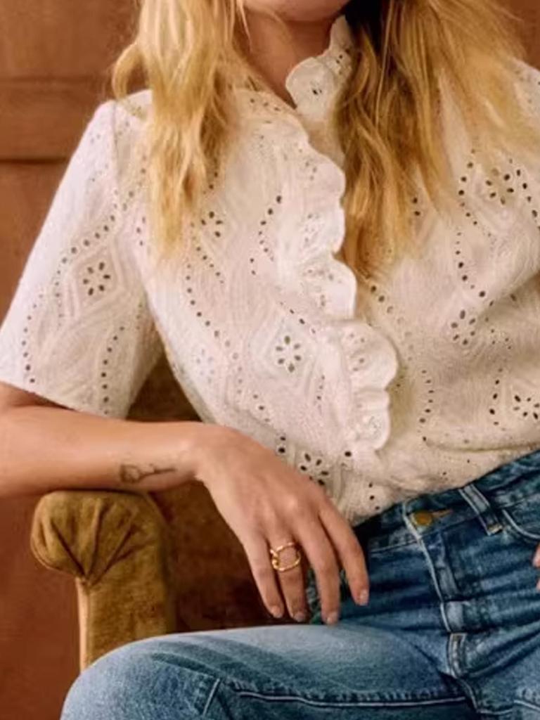French Retro Mori-kei Embroidered Hollow Wood Ear Trim Solid Color Short Sleeve Shirt for Women