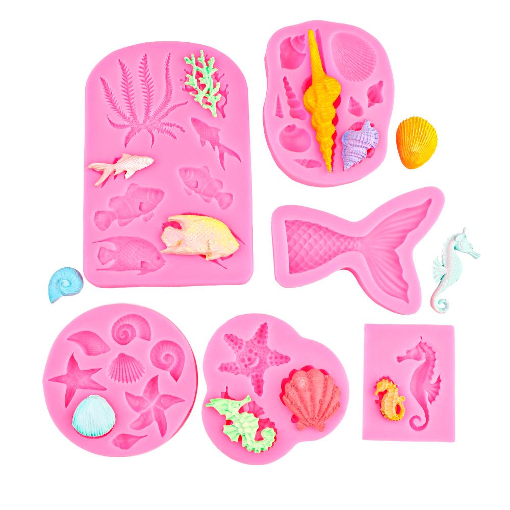 

Силиконовые формы серии «Океан»: Морская звезда, Рыбий хвост, Морской конёк и Инструменты для выпечки из шоколадной мастики