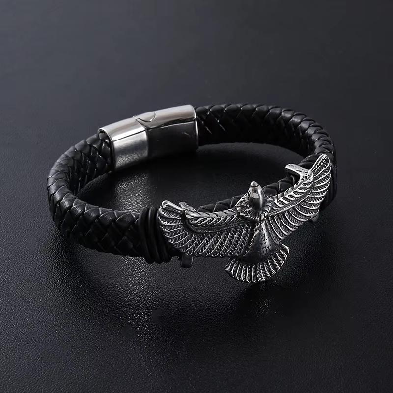 Punk Vintage Gothic Animal Eagle Leather Braided Stainless Steel Gold Plated Fashion Jewelry Bracelet Bangle Men Magnetic Gift