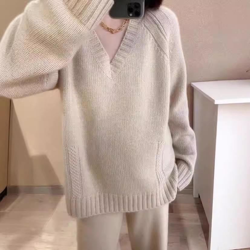 Women's V-Neck Loose Wool Sweater - Autumn/Winter Long Sleeve Knit Pullover
