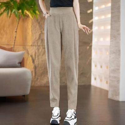 Women Harem Pants High Waist Solid Color Casual Trousers with Pockets Elastic Fabric Thickened Fleece Lining Long Pants