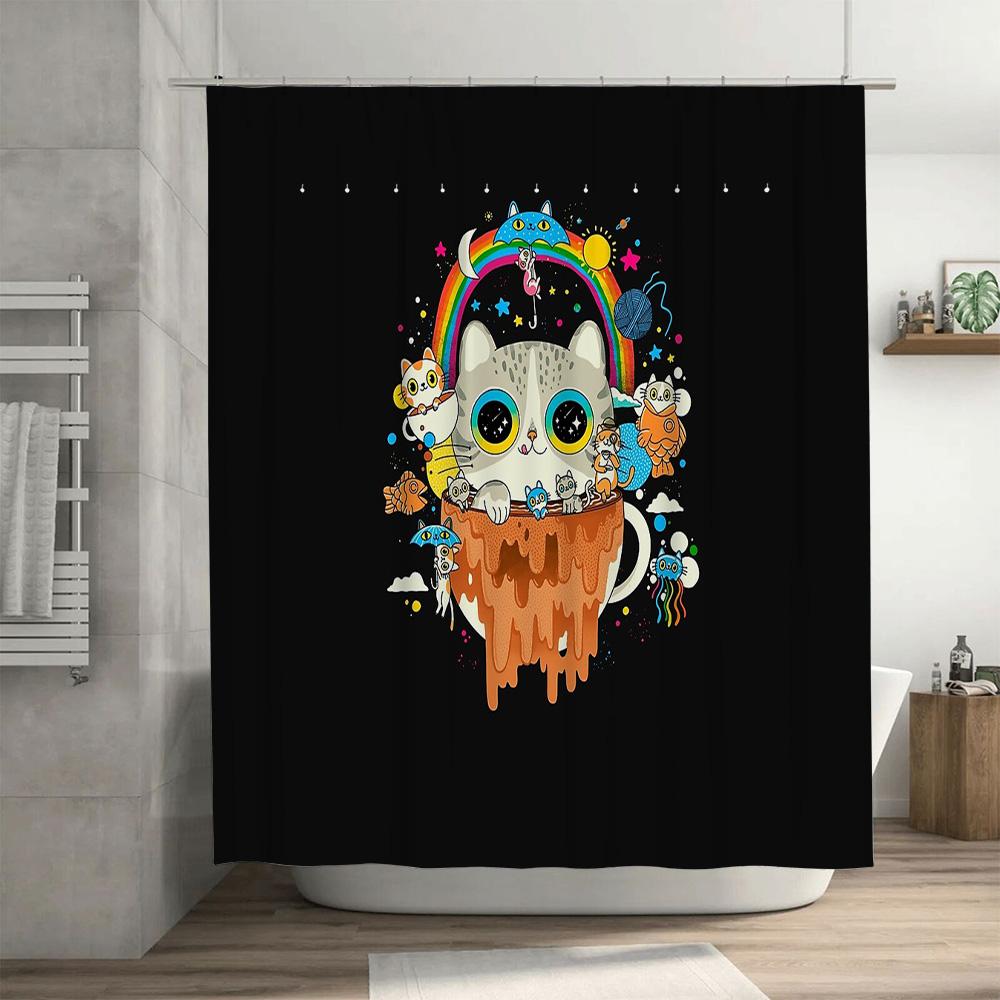 Unframed Cute Cat In Cup Shower Curtain Funny Pet Lover Bathroom Decor Unique Home Decor Artistic Washroom Curtain Wall Hanging