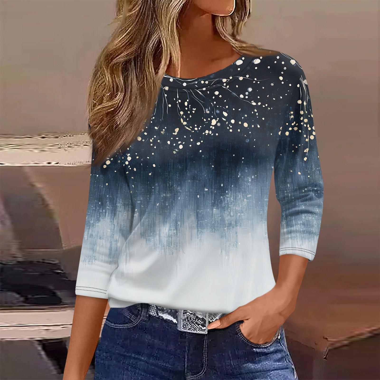 

Женская футболка с принтом, рукав 3/4, повседневная, модная, на выходные, базовая, с круглым вырезом, стандартный топ XL тёмно-синий