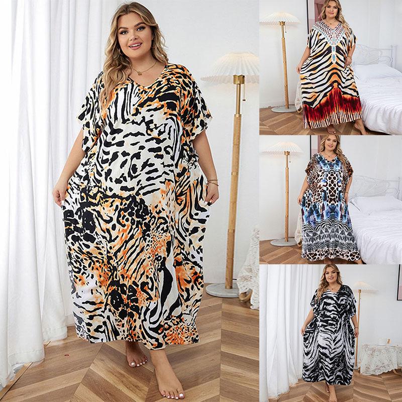 European-American Rayon Print Plus Size Beach Cover-Up Dress & Long Robe