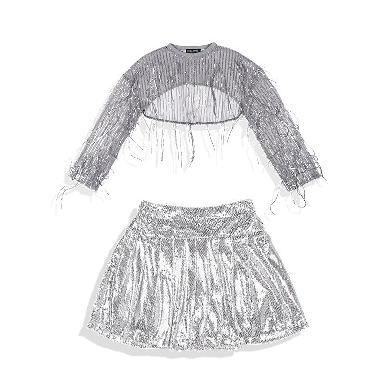 Girls' Sequin Tassel Jazz Dance Outfit - Mesh Long Sleeve & Pants Set for Street & Performance