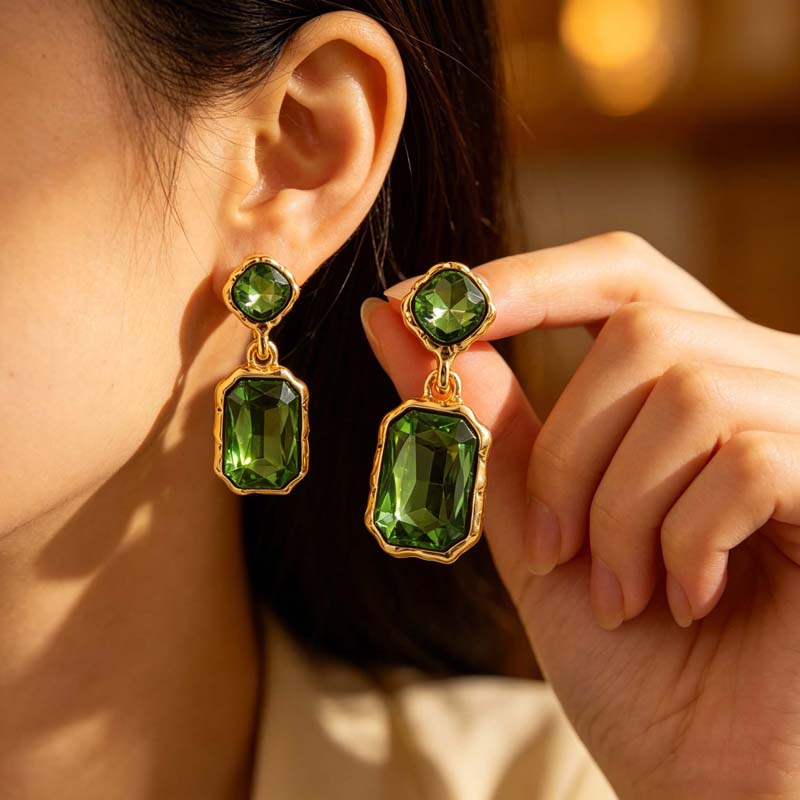 Bohemian Colorful Crystal Square Pendant Earrings For Women Girls Vintage Gold Color Geometric Earrings Wedding Jewelry