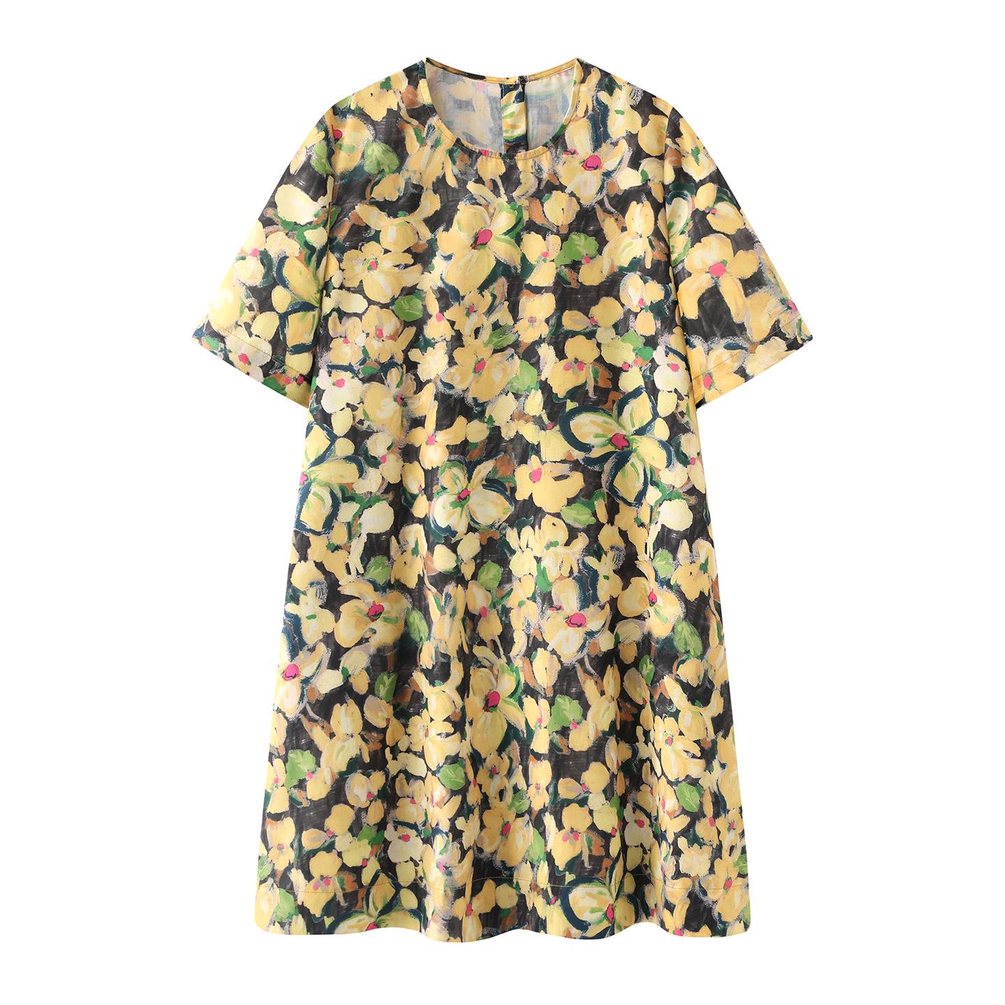 

Spring 2026 Women s Casual Short Sleeve A-line Dress - Sweet, Loose-Fit with Print Pattern (BDT1LD1377) Small жёлтый