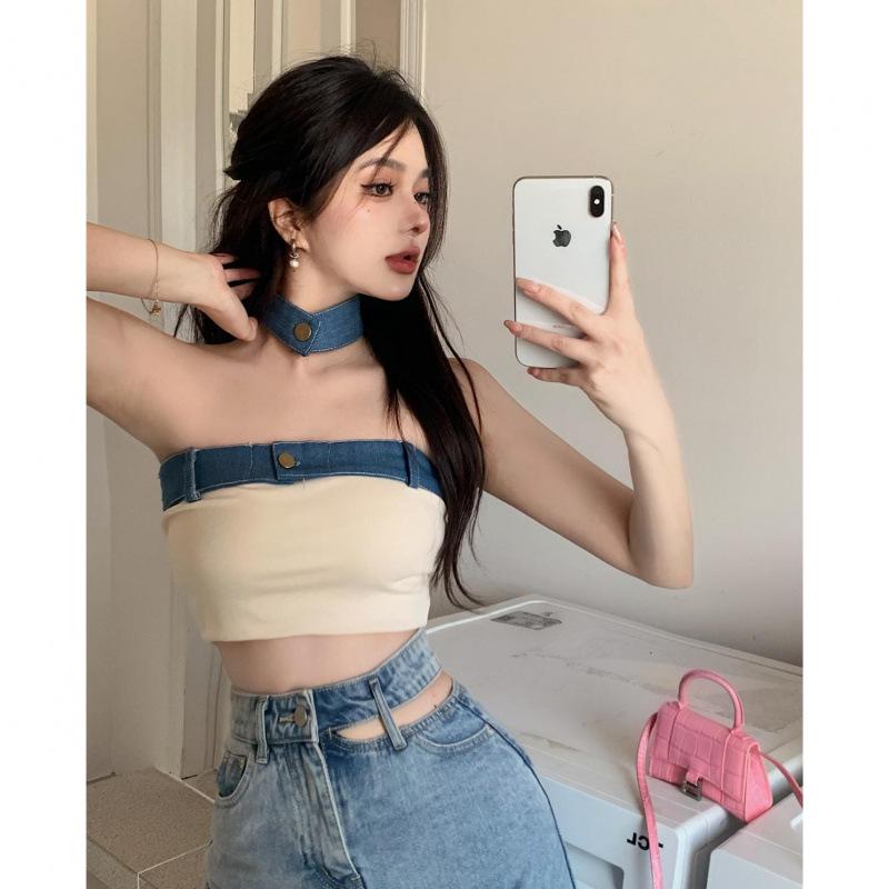 Spicy Girl Patchwork Strapless Denim Crop Top - Sexy, Slim-Fit, One-Shoulder Camisole Extra Large