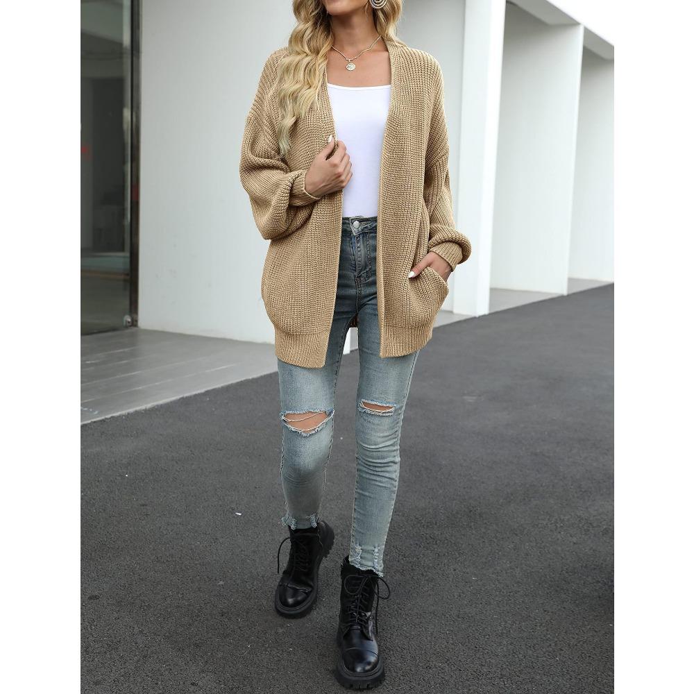 Women's New Autumn/Winter Bell-Sleeve Sweater Women's Outerwear Chunky Knit Pocket Cardigan