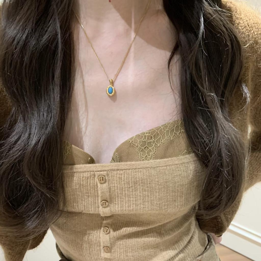 Medieval Style Retro Handmade Brushed Blue Pine Necklace Female Niche Design Light Luxury White Ring Ring Temperament Stud Earrings