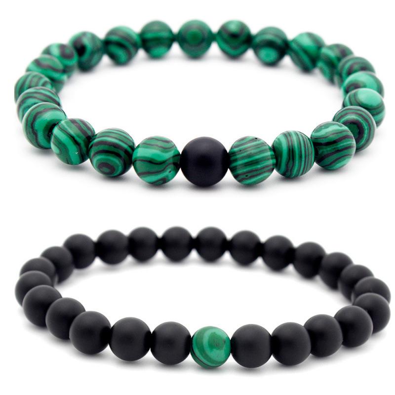 Matte Black & Malachite Stone Couple Bracelet - 8mm Frosted Design
