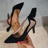 Fashion Shallow Mouth Wrapped Head Stiletto Sandals Women Spring and Summer New Bow Pointed Toe Suede Non-slip High Heels
