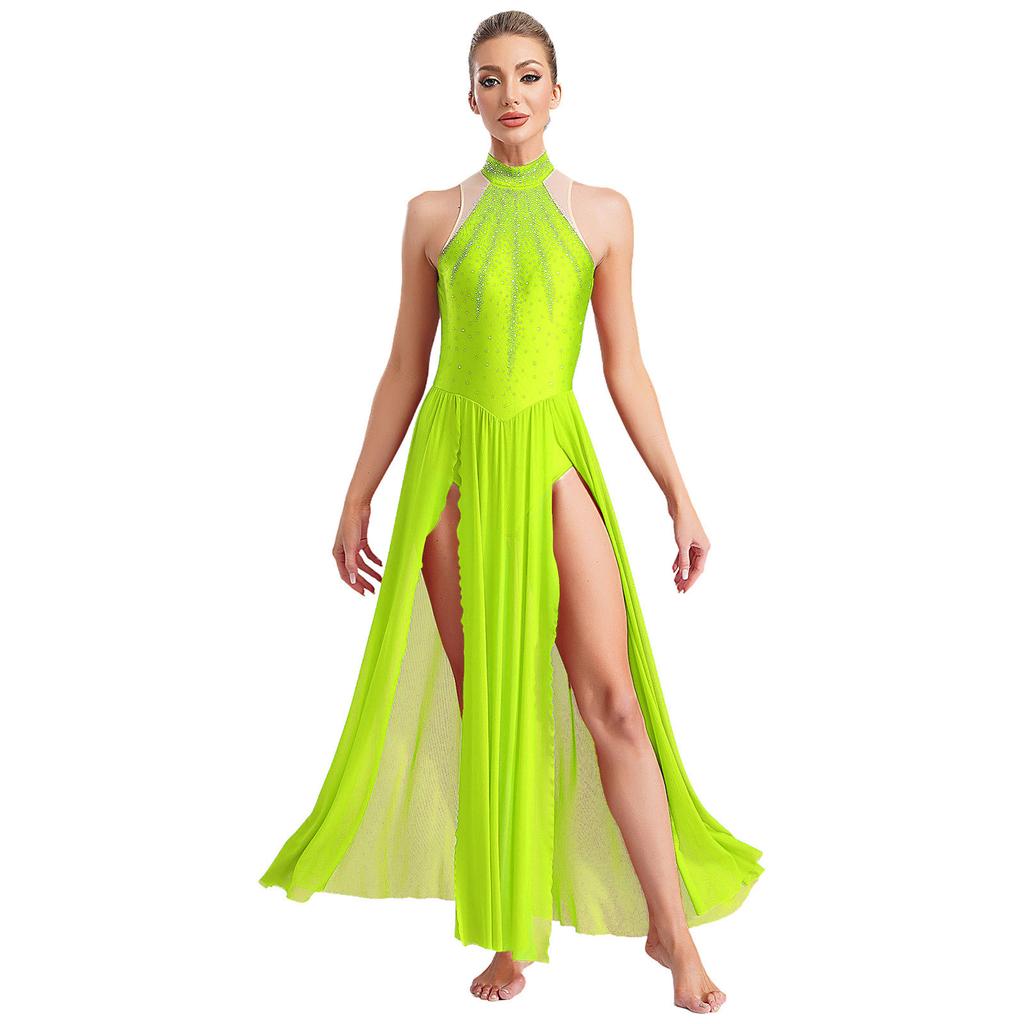 Damen Modern Lyrical Dance Dress Ärmellos Split Sheer Mesh Ballet Gymnastik Trikotkleid Zeitgenössische Performance Dancewear
