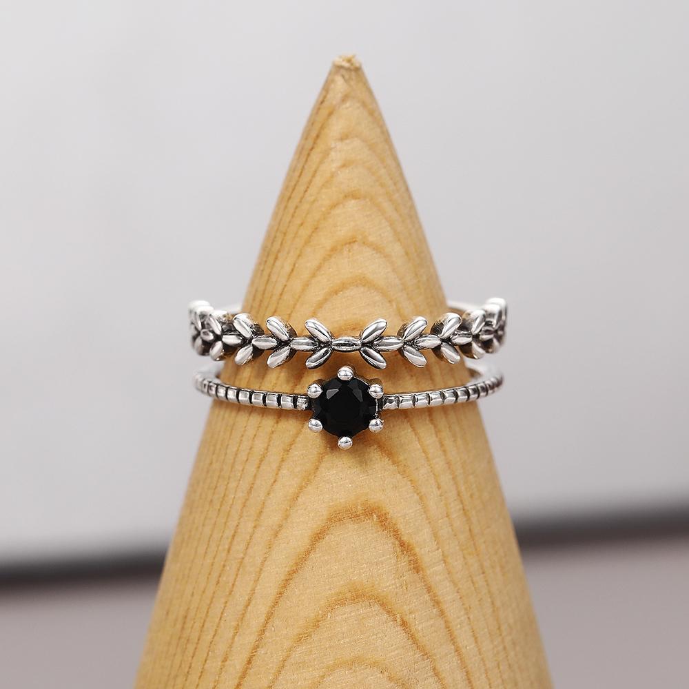 Antique Silver Color Vintage Adjustable Rings for Women Branch Black Stone Double Layer Opening Rings Fancy Girls Jewelry