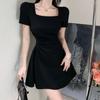 High-end French Square Neck Small Black Dress Temperament Waist Thin Wrinkled Belly Cover Dress  Summer Short Sleeves