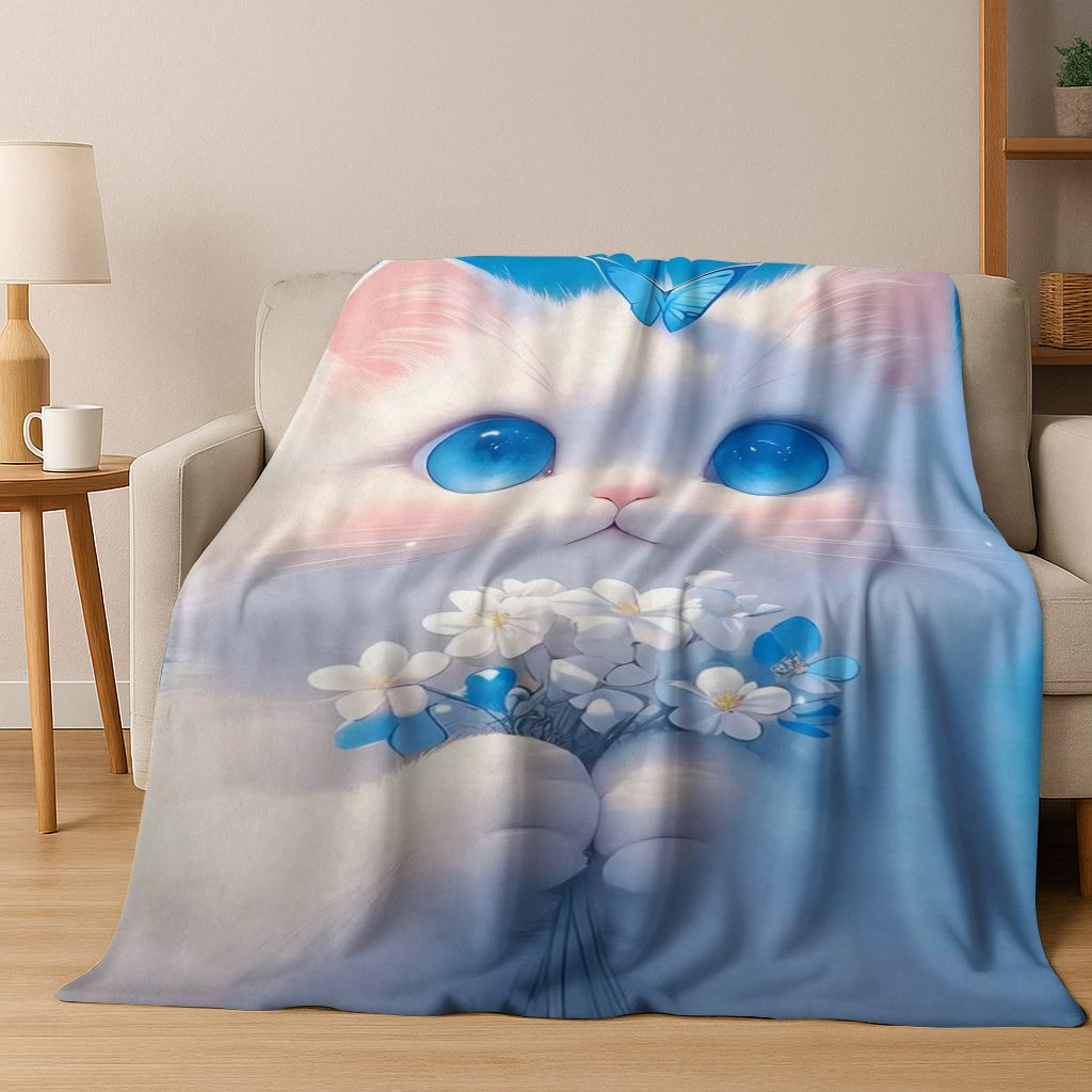 2026 Nová Roztomilá Kočka Koťátko Mňau Kreslená Flísová Přikrývka, Útulná Měkká Plédová Přikrývka pro Domov Ložnici Postel Pohovku Piknikový Potah Dětský Dárek