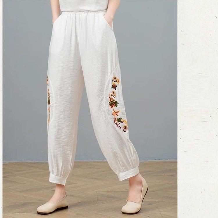 Summer Women's Cotton and Hemp Embroidered Haren Pants Middle Aged and Elderly Large Loose Haren Pants Mom Cropped Pants