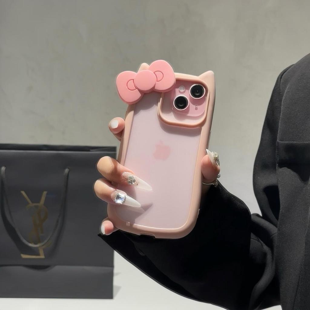 Custodia carina con orecchie da gatto in silicone con fiocco per iPhone 16 Plus 15 14ProMax 13 12 11 Trasparente Antiurto Rigida Acrilico Bumper Cover Posteriore