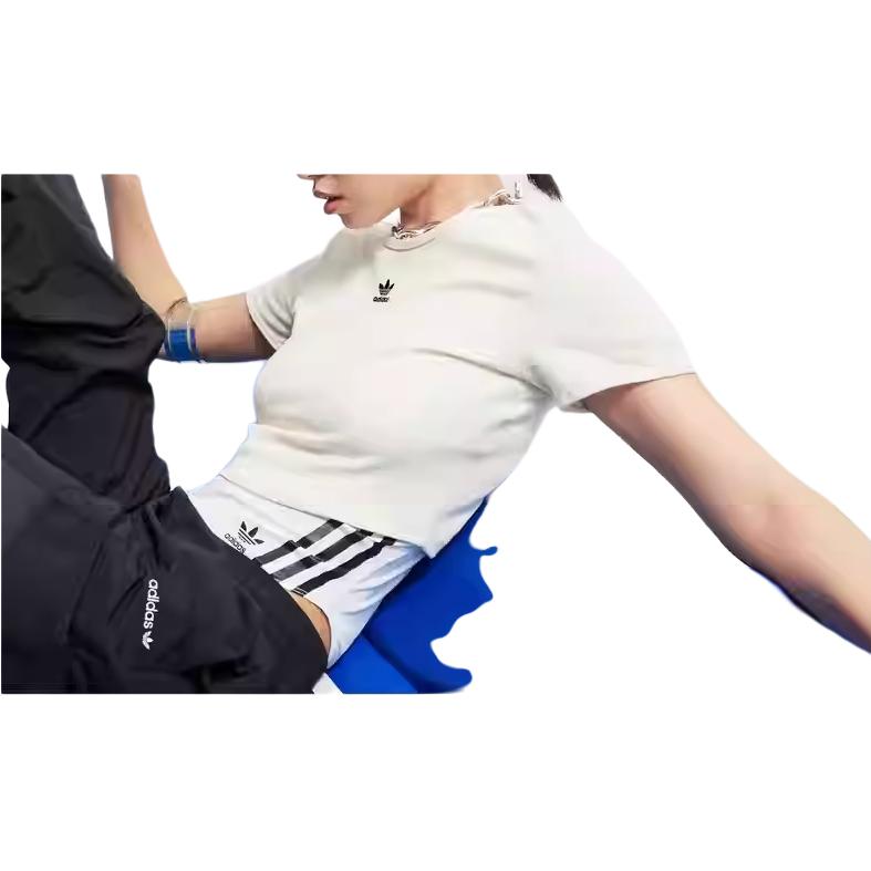 Adidas Originals Classic Trefoil Three-Stripe Short Crop Top Women Tops Beige IJ7804