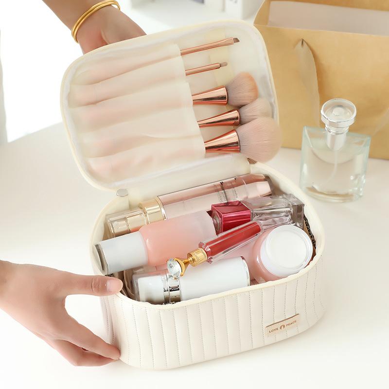 

Lovely Cosmetics Toiletries Storage Bag Cloth Zipper Handbag Women Makeup Bag Beige