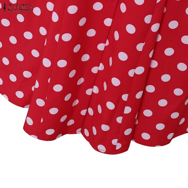 ZANZEA Vintage Damen Casual Umlegekragen Locker Halbarmlig Gepunktet Plissiertes Kleid