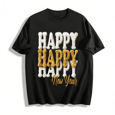 Happy New Year Double Happy Print Plush Style Casual Sweatshirt Pure Cotton T-shirt